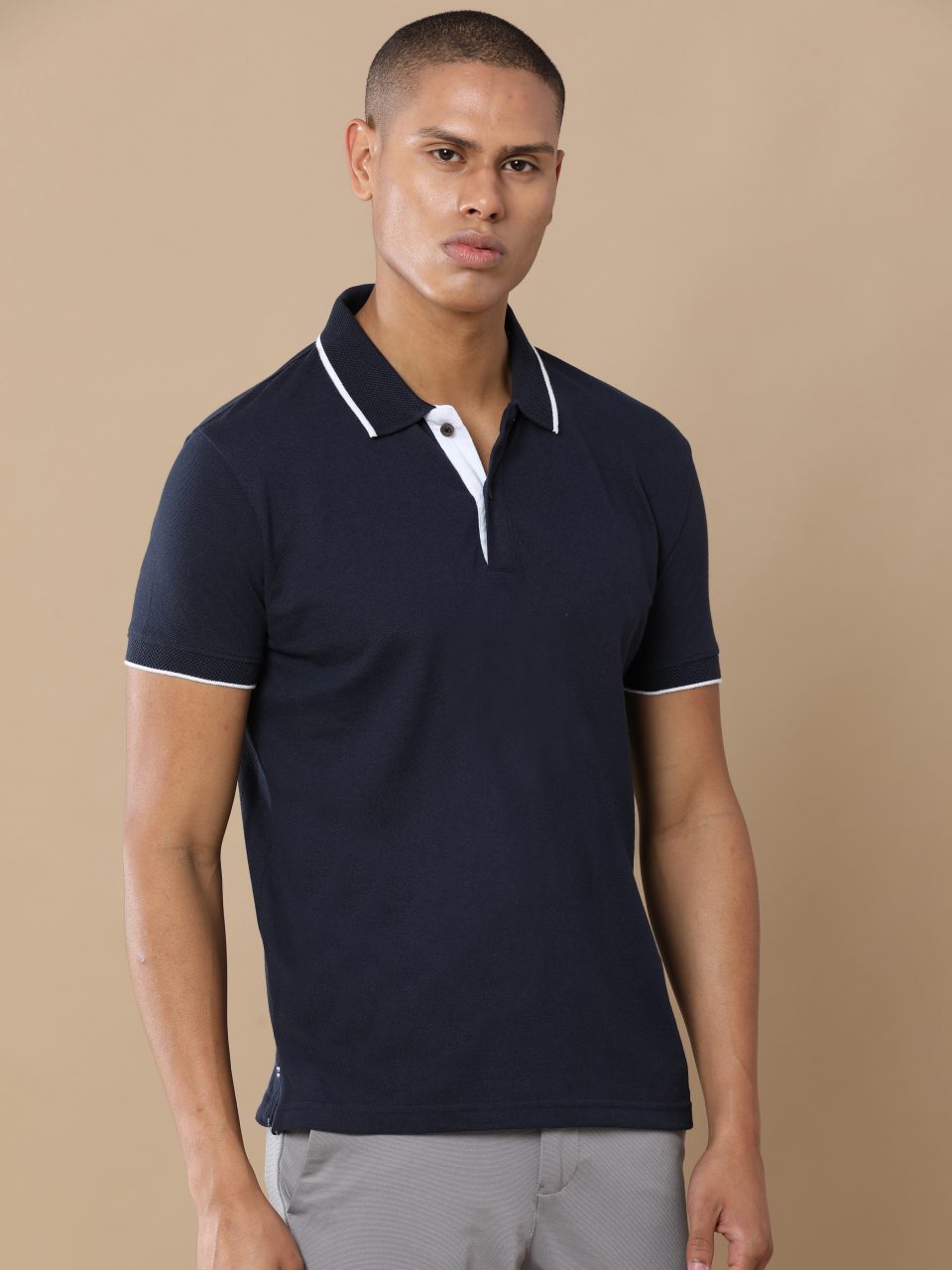 UBIQ Jacquard Navy Polo Tshirt I Collar Tshirt I Sustainable Cotton Poly I 240 GSM